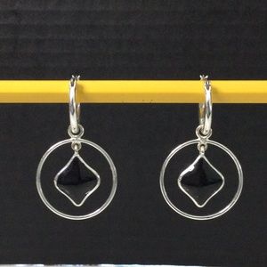 Silver Circular Earrings with Black Diamond Pendant in Each Hoop